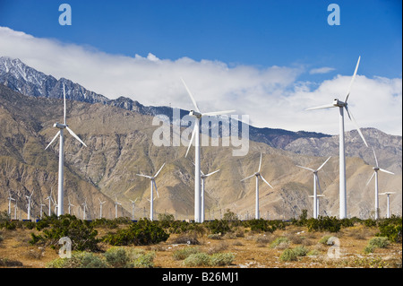 Fattoria eolica di fronte montagne, Palm Springs, California, Stati Uniti Foto Stock