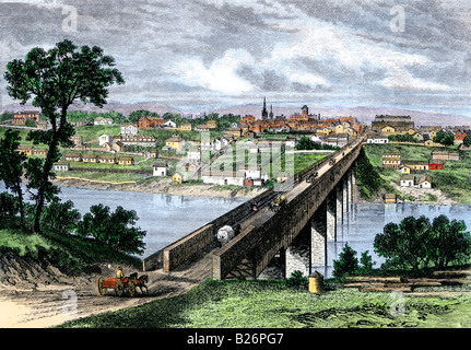 Ponte sul Fiume Tennessee a Knoxville 1870s. Colorate a mano la xilografia Foto Stock