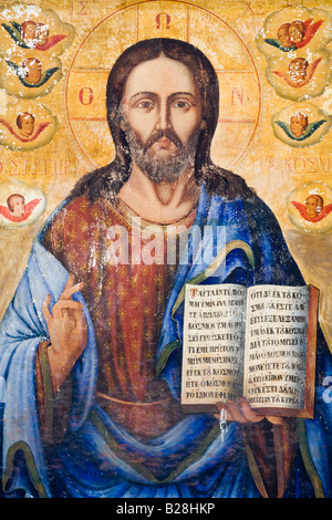 Icona in Agia Kiriaki Chrysopolitissa chiesa costruita sul luogo di una basilica paleocristiana a Kato Pafos, Cipro Foto Stock