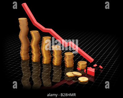 3D render di un grafico che mostra la caduta di profitti Foto Stock