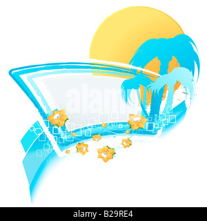 Illustrazione vettoriale di una moderna estate elemento di design con intestazione vuota elementi floreali tramonto e silhouette di palme Foto Stock