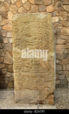 Originale stele di pietra nel Monte Alban Museum, vicino alla città di Oaxaca, Stato di Oaxaca, Messico Foto Stock