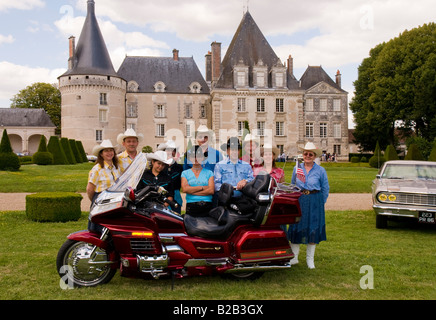 Honda Gold Wing moto con un gruppo di appassionati di American car show nel parco di Chateau Azay-le-Ferron, Indre, Francia. Foto Stock