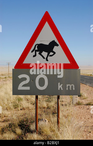 Cartello stradale, state attenti ai cavalli crossing, vicino Garub, Namibia, Africa Foto Stock