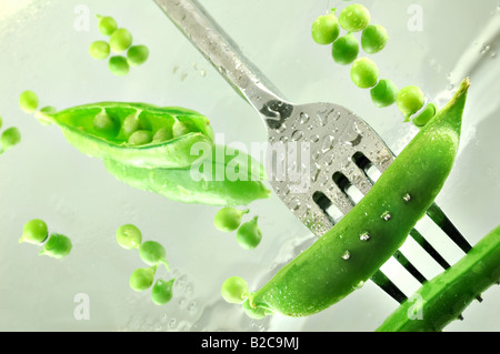 Zucchero fresche piselli su un mirroring di sfondo con una forcella Foto Stock