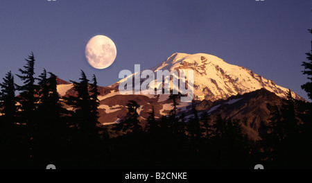 Mount Rainier dal parco a spruzzo con un Full Moon Rising al tramonto vicino Mowich Lago Washington Mt Rainier National Park Foto Stock