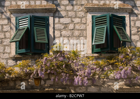 Visualizzazione di finestre con persiane su casa colonica nel villaggio di Prcanj nei pressi di Kotor in Montenegro. Foto Stock