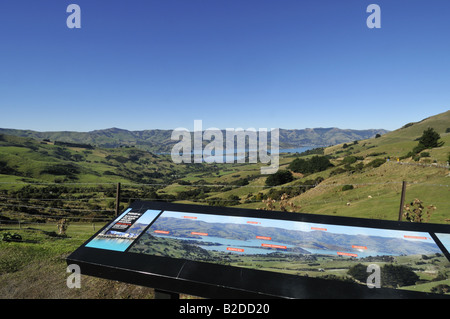 Vista del porto di Akaroa dalla collina Penisola di Banks Canterbury Nuova Zelanda Foto Stock