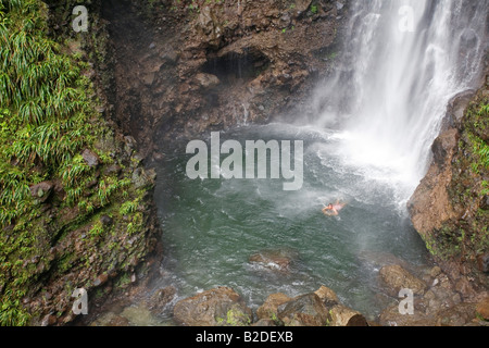 Nuoto alla base delle Cascate Middleham Dominica Caraibi Orientali West Indies Le cascate sono di 100 piedi Foto Stock