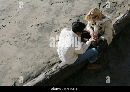 Angolo di Alta Vista della coppia giovane seduto sul log in spiaggia. Foto Stock