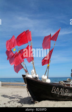 Boa in barca da pesca sulla spiaggia, Meclemburgo-Pomerania Occidentale, Germania Foto Stock