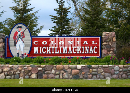 Segno per Michilimackinac coloniale a Mackinaw City Michigan Foto Stock