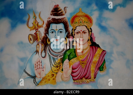 Il murale del dio indù Shiva e sua moglie Parvarti , India Foto Stock