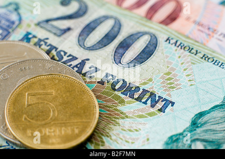 Il fiorino ungherese delle monete e delle banconote in euro Foto Stock