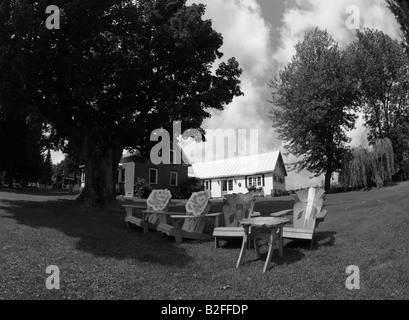 Sdraio con fiori dipinti su di essi decorare il cortile anteriore di una casa di campagna, come nuvole pesanti si dipanano attraverso il cielo blu Foto Stock