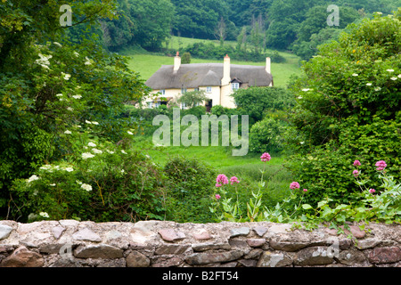 Cottage con tetto in paglia vicino Allerford nel Parco Nazionale di Exmoor Somerset Inghilterra Foto Stock