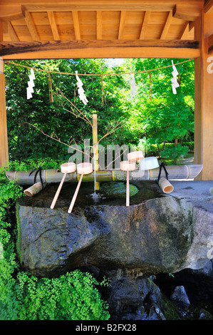 La longevità della fontana, izumi sacrario scintoista, suizen ji jojuen giardino, kumamoto, Prefettura di Kumamoto, Kyushu, Giappone Foto Stock