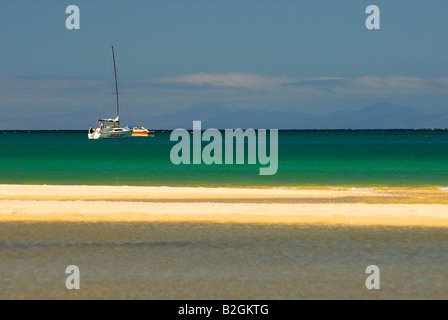 Boote und Sandstrand corteccia Bay Abel Tasman Nationalpark Tasmansee Nelson Regione Suedinsel Neuseeland Februar 2007 Foto Stock