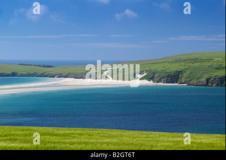 San Ninian's Isle e tombolo, Continentale, isole Shetland, Scotland, Regno Unito. Foto Stock