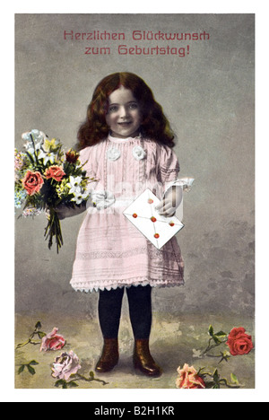 Cartolina motive carino bambina con la lettera e fiori del XIX secolo in Germania Foto Stock