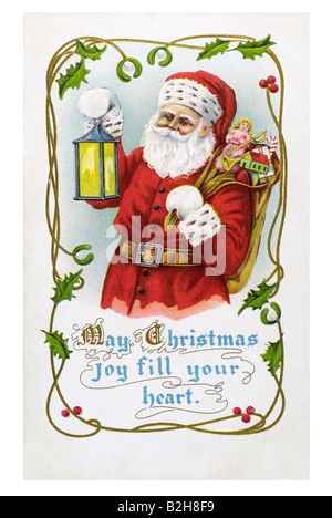 Motivo cartolina vecchia red Babbo Natale barba bianca vestito rosso cappuccio guanti con lampada e sacco pieno di doni Foto Stock