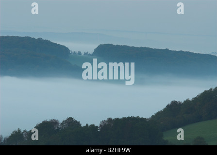 Colline nebbia di mattina bliesgau Germania paesaggio paesaggio mattina moodHügel ragen aus dem Nebel im Bliesgau Foto Stock