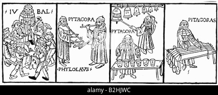 Pitagora di Samos, circa 580/572 - 500/490 a.C., matematico e filosofo greco, studio sistematico della musica di Pitagora, serie woodcut, 16th secolo, Foto Stock