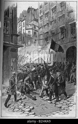 Eventi, rivoluzioni 1848 - 1849, Francia, rivoluzione di febbraio 21.2.1848 - 24.1.1848, Street figuring a Parigi, incisione del legno, 1893, barrikade, rivoluzionari, popolo, politica, Seconda Repubblica, 19th secolo, storico, storico, Foto Stock