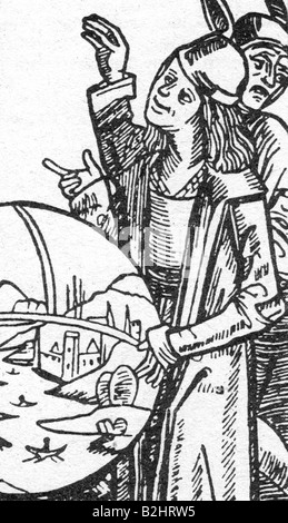 Democritus von Abdera, circa 465 - 365 a.C., filosofo greco, a mezza lunghezza, dopo incisione medievale, circa 16th secolo, Foto Stock