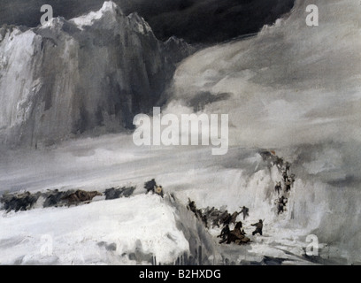 Geografia / viaggio, Cina, rivoluzione del comunismo, lungo marzo 1934 / 1935, 'Esercito Di Liberazione Del Popolo' passando una catena montuosa coperta di neve, dipinto da ai Dschung Hsin, Foto Stock