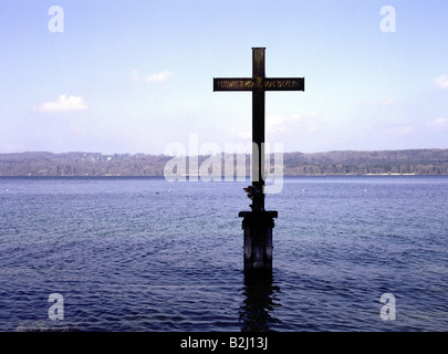 Ludwig II, 25.8.1845 - 13.6.1886, re di Baviera 10.3.1864 - 13.6.1886, croce commemorativa sul lago Starnberg, Baviera, Germania, Foto Stock