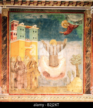 Francesco d'Assisi, San Giovanni Bernardone, sacerdote italiano (1182 - 1226), scena, "Ecstasy di San Francesco", 1297 - 1300, attribuita a Giotto di Bondone, Basilica di San Francesco, Assisi, Italia, Foto Stock