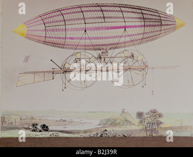 Trasporto / trasporto, aviazione, aeronavi, aeronave con ruote a vela, disegno di Ernest Bazin, litografia a colori, Angers, 1856, Foto Stock