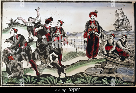 Stampa / media, cantoria, pirati algerini rapimento di una ragazza sulla costa della Provenza, woodcut, stampato da Gambin, Parigi, circa 1835, collezione privata, , Foto Stock