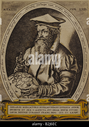 Mercator, Gerardus, 5.3.1512 - 2. 12.1594, fiammingo matematico e geografo, ritratto, incisione su rame, Olanda, 1674 Collezione privata, , artista del diritto d'autore non deve essere cancellata Foto Stock