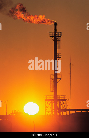 Una raffineria di petrolio con fiamma a gas nel tramonto. Australia. Foto Stock