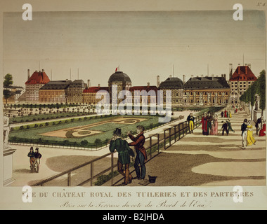 Geografia / viaggio, Francia, Parigi, castelli, Palazzo delle Tuileries, 'Vista del Palazzo reale delle Tuileries e dei giardini', incisione, colorata, 16,2 cm x 24 cm, Parigi, circa 1820, collezione privata, Foto Stock