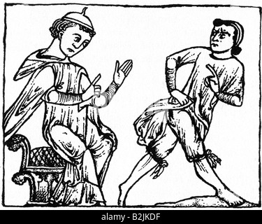 medicina, medici, caricatura, paziente che corre via da un medico, dopo la miniatura, 13h secolo, medioevo, storico, storico, storico, storico, medievale, persone, Foto Stock