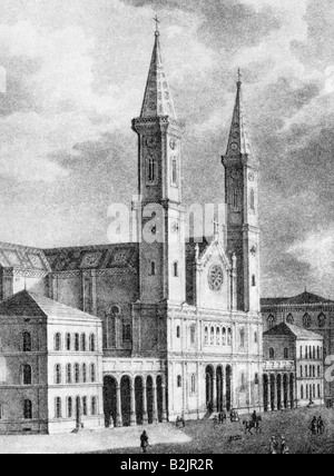 Geografia/viaggio, Germania, Monaco di Baviera, chiese, Saint Ludwig, costruito 1829 - 1844, architetto: Friedrich von Gärtner, vista esterna, dopo litografia di Carl August Lebschee, circa 1850, chiesa cattolica, università, Ludwigskirche, Maxvorstadt, Ludwigstraße, architettura, Baviera, storico, Louis, Gaertner, Gartner, 19th secolo, persone, Foto Stock