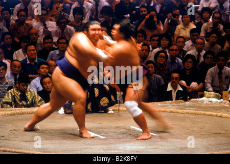 Pesante lottatori di sumo in combattimento anello tondo in Tokyo, Giappone Foto Stock