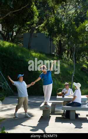 Due coppie che vogliono godersi a un picnic in un parco Foto Stock