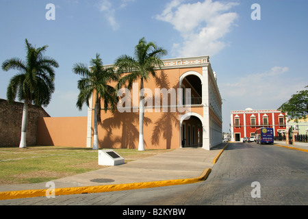 Cuban Royal Palms e gli edifici coloniali accanto alla piazza principale, Campeche, Penisola dello Yucatan, Messico. Foto Stock