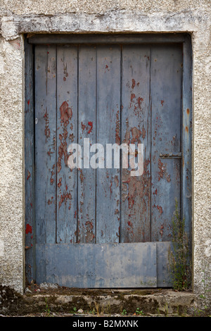Vecchio spiovente dipinte di blu porta di legno ricoperta abbandonati sulla Farm annesso contea di Down Irlanda del Nord Foto Stock