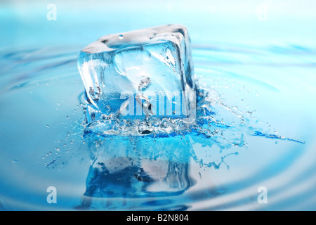 Rinfrescanti cubo di ghiaccio cade in appena spillata spruzzi di acqua congelata nel tempo Foto Stock