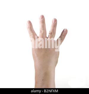 Mano con quattro dita detenute fino a rappresentare il numero quattro come in un conto alla rovescia/fino Foto Stock