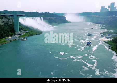 Le Cascate del Niagara e il fiume con il vecchio ponte di luna di miele piattaforma di osservazione sul lato destro Foto Stock