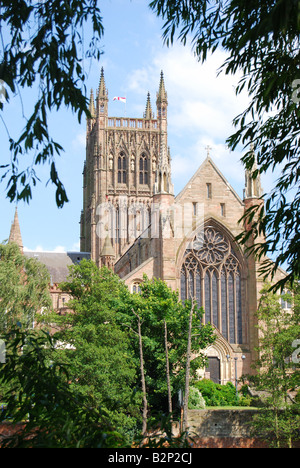 Cattedrale di Worcester sul fiume Severn, Worcester, Worcestershire, England, Regno Unito Foto Stock