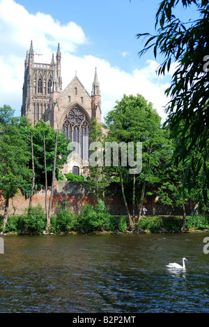 Cattedrale di Worcester sul fiume Severn, Worcester, Worcestershire, England, Regno Unito Foto Stock