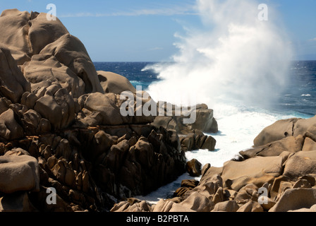 Ondata di schiantarsi contro le rocce sul Capo Testa promontorio del nord Sardegna Foto Stock