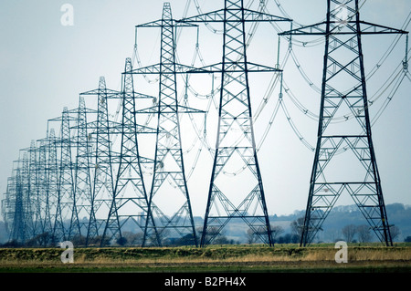 Tralicci di energia elettrica Potenza di trasporto da parte di British Energy Dungeness B Centrale Nucleare attraverso la campagna del Kent Foto Stock